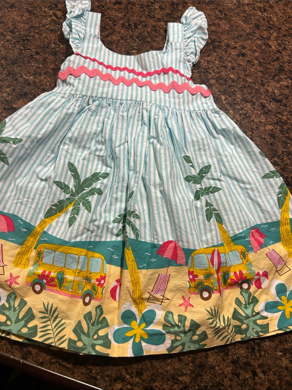 Bonnie Jean Teal Striped Tropical Beach Bus Dress with Pink Trim